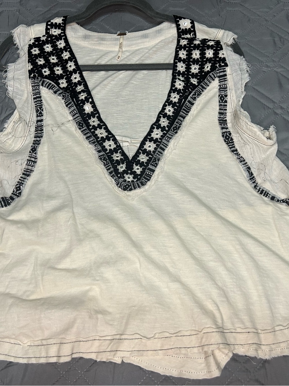 Free People White Tank with Black Embroidered V-Neck